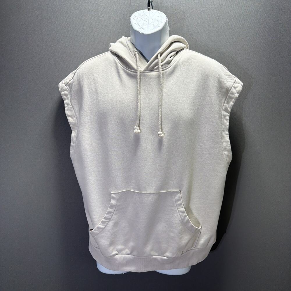 H&M Men Sweatshirt L Beige Sleeveless Drawstring Hoodie Gym Training Pullover